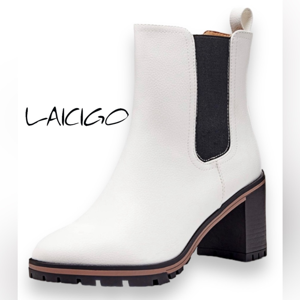 LAICIGO Womens Chelsea Ankle Boots Slip on Chunky Block Mid Heel Leather